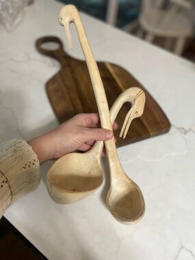 Hand-Carved Wooden duck Ladles - Set of 2 - Light Natural Wood